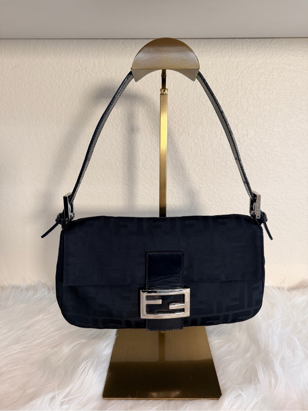 Fendi Black FF Logo Shoulder Bag with Silver Buckle